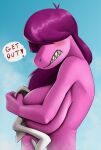  anthro better_version_at_source big_breasts blue_background blush breasts covering covering_breasts covering_self creatiffy deltarune dialogue female hair hi_res huge_breasts nude purple_body purple_hair scalie showing_teeth simple_background solo speech_bubble susie_(deltarune) undertale_(series) video_games 