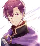  1boy black_robe book canas_(fire_emblem) cape fire_emblem fire_emblem:_the_blazing_blade looking_at_viewer monocle purple_cape purple_eyes purple_hair smile taiga_kazame 