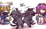  2girls black_cat blonde_hair bow camera cat cat_tail catfight chen chen_(cat) closed_eyes ear_piercing earrings fighting filming fox_tail frills green_headwear jewelry kaenbyou_rin kaenbyou_rin_(cat) komeiji_satori multiple_girls multiple_tails nekomata one-hour_drawing_challenge open_mouth phone piercing punching purple_hair red_eyes rivalry shadow short_hair single_earring sitting slippers smile tabard tail third_eye touhou two_tails unime_seaflower white_background white_headwear yakumo_ran 