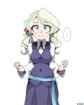  ... 1girl bad_id bad_pixiv_id blue_eyes blush breasts closed_mouth collar diana_cavendish dress hair_ornament hands_up highres little_witch_academia long_hair long_sleeves looking_at_viewer medium_breasts navel once_11h purple_dress purple_ribbon ribbon shirt simple_background solo speech_bubble standing tied_hair twintails upper_body white_background white_hair white_shirt 