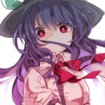  1girl bangs black_headwear blue_hair bright_pupils collared_shirt commentary_request hat hat_ornament hinanawi_tenshi long_hair looking_at_viewer neck_ribbon red_eyes red_ribbon ribbon sato_imo shirt simple_background solo touhou upper_body white_background white_pupils white_shirt 