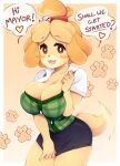  1girl :3 :d absurdres alternate_breast_size animal_crossing animal_ears artist_name blonde_hair blush blush_stickers breasts bright_pupils brown_eyes bursting_breasts cleavage commentary dated dog_ears dog_tail english_commentary english_text eyebrows_visible_through_hair furry furry_female green_vest hair_ornament hair_tie heart highres isabelle_(animal_crossing) large_breasts looking_at_viewer miniskirt open_mouth orange_background outline parapatter paw_print pencil_skirt shiny shiny_hair shiny_skin shirt short_hair short_sleeves signature simple_background skirt skirt_tug smile solo speech_bubble split_mouth spoken_heart standing tail tail_wagging talking tied_hair topknot vest white_outline white_pupils white_shirt 