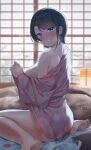 1girl bangs bare_legs barefoot bed_sheet black_hair blue_eyes blush breasts breath condom condom_wrapper eyebrows_visible_through_hair foot_out_of_frame frikulu from_side full-face_blush grin highres hololive indoors japanese_clothes kimono lamp large_breasts looking_at_viewer looking_to_the_side oozora_subaru short_hair single_bare_shoulder sitting smile soles solo sweat undressing virtual_youtuber wariza window yukata 