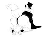  &quot;honest&quot;_john_foulfellow 2021 a-side anthro balls big_balls big_butt butt canid canine cape claws clothing disney fox fur genitals hat headgear headwear looking_at_viewer looking_back male mammal monochrome pawpads paws pinocchio rear_view seductive solo thick_thighs top_hat whiskers 