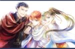  1girl 2018 2boys armor blue_eyes blue_hair cape dress eliwood_(fire_emblem) fire_emblem fire_emblem:_the_blazing_blade fire_emblem_heroes gloves green_hair hector_(fire_emblem) kuzumosu long_hair looking_at_viewer lyn_(fire_emblem) multiple_boys open_mouth ponytail red_cape red_hair short_hair smile white_background white_cape 
