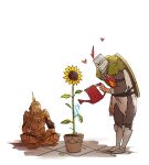  1boy 1girl armor armored_boots blazemalefica boots covered_face dark_souls_(series) dark_souls_i flower flower_pot full_armor gauntlets gold_armor helmet lady_of_the_darkling solaire_of_astora sunflower tabard third-party_source watering_can 