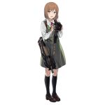  1girl brown_hair bullpup camera dress duoyuanjun girls&#039;_frontline green_dress gun gunslinger_girl henrietta_(gunslinger_girl) looking_at_viewer official_art p90 pinafore_dress shirt smiley_face solo submachine_gun thighhighs transparent_background weapon white_shirt 