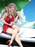  1girl alternate_costume blue_sky breasts brown_eyes car cleavage_cutout clothing_cutout cloud day dress grey_hair ground_vehicle high_heels holding holding_umbrella kantai_collection large_breasts motor_vehicle one_eye_closed outdoors pola_(kancolle) red_dress red_footwear short_dress sitting sky sleeveless sleeveless_dress solo udukikosuke umbrella wavy_hair 