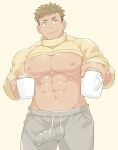  1boy aopanda bara bare_pectorals bulge clothes_lift coffee_mug cowboy_shot cup erection erection_under_clothes highres incoming_drink large_pectorals looking_at_viewer male_focus mug muscular muscular_male original pants pectorals short_hair shrug_(clothing) smile solo sweatpants track_pants underpec yellow_eyes 