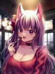  1girl :d animal_ear_fluff animal_ears bangs blurry blurry_background breasts cake choker cleavage eating flower food fork fox_ears hair_flower hair_ornament hand_up highres holding holding_fork indoors jewelry kamishiro_natsume large_breasts long_hair long_sleeves looking_at_viewer melty+ necklace neit_ni_sei open_mouth purple_hair purple_nails red_eyes red_shirt ribbed_shirt shirt smile solo upper_body virtual_youtuber 