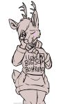  2021 absurd_res anthro antlers baggy_clothing biped blush cervid clothed clothing digital_media_(artwork) fur grumpy_griffin_creations hair hi_res horn licking licking_lips looking_at_viewer male mammal self_lick simple_background smile solo standing text tongue tongue_out topwear 