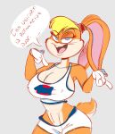  absurd_res anthro basketball_uniform big_breasts breasts cleavage clothed clothing dialogue english_text female hi_res lagomorph leporid lola_bunny looking_at_viewer looney_tunes mammal midriff rabbit solo sportswear tempson text uniform warner_brothers 