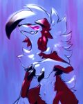  abstract_background ambiguous_gender anthro canid canine chest_tuft claws finger_claws fur glowing glowing_eyes hi_res ingi looking_at_viewer lycanroc mammal midnight_lycanroc nintendo pok&eacute;mon pok&eacute;mon_(species) red_body red_eyes red_fur ringed_eyes sharp_teeth smile solo standing teeth tuft video_games white_body white_fur 
