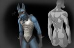  anthro blue_body blue_fur canid canine canis domestic_dog fur khross lucario male mammal martial_arts model_sheet muscular nintendo nude pok&eacute;mon pok&eacute;mon_(species) pose red_eyes sethmetparriere solo video_games 