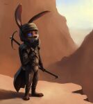  2021 blue_eyes brown_body brown_fur cloak clothed clothing day detailed_background dune dune_(series) fremen fully_clothed fur hi_res holding_object lagomorph leporid light lighting mammal outside rabbit s1m shaded standing stillsuit weapon 