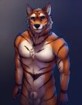  2017 animal_genitalia anthro balls biped canid canine canis felid fur genitals hybrid male mammal nude orange_body orange_fur pantherine penis penis_tip sheath simple_background solo tenynn tiger white_body white_fur wolf 