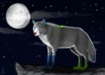  2021 absurd_res ambiguous_gender belly blue_eyes blue_markings blue_paws canid canine canis cliff cool_colors dark_background digital_drawing_(artwork) digital_media_(artwork) ear_piercing ear_ring feral fur gold_earring green_markings green_paws grey_body grey_fur hi_res jax_(oko123) ju-chan-studio mammal markings moon night night_sky piercing shaded signature snout solo solo_focus star white_belly white_muzzle wolf 