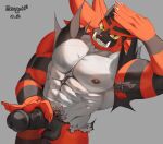  2021 abs anthro armpit_hair balls big_muscles big_penis body_hair claws dutch_angle erection genitals grey_background hand_on_head hand_on_penis hi_res humanoid_genitalia humanoid_penis incineroar looking_at_viewer lupus5903 male muscular muscular_anthro muscular_male navel nintendo nipples nude obliques pecs penis pok&eacute;mon pok&eacute;mon_(species) presenting presenting_penis pubes signature simple_background smile solo standing teeth video_games 