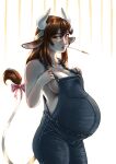  animal_humanoid belly big_belly big_breasts bovid bovid_humanoid bovine bovine_humanoid breasts brown_hair cattle_humanoid celesseshading clothing female freckles hair hi_res horn horned_humanoid humanoid mammal mammal_humanoid overalls pregnant side_boob solo 