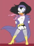  2021 anatid anseriform anthro avian belt billboi bird black_hair boots breasts clothing coat disney duck eyeshadow female footwear garter_belt_leggings genitals hair half-closed_eyes hi_res kay_k looking_at_viewer makeup narrowed_eyes nipples open_mouth presenting purple_eyeshadow pussy scarf solo topwear trenchcoat utility_belt 