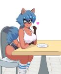  &lt;3 absurd_res anthro big_breasts big_butt blue_eyes blue_hair bottomwear brand_new_animal breasts brown_body brown_fur butt canid canine clothing cookie dipstick_tail facial_markings female fluffy fluffy_ears fluffy_tail food footwear fur hair head_markings hi_res mammal markings michiru_kagemori multicolored_body multicolored_fur multicolored_hair navel nipple_outline pattern_clothing raccoon_dog shorts simple_background socks solo striped_clothing stripes studio_trigger tail_markings two_tone_body two_tone_fur two_tone_hair zelripheth 