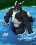  2018 absurd_res anthro bigsol blue_clothing boat bulge canid canine canis clothing destruction hi_res lake macro male mammal muscular muscular_anthro muscular_male ship speedo splash splashing swimwear vehicle water watercraft wolf 