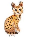  2021 ambiguous_gender blue_eyes digital_media_(artwork) felid feline feral flashw fur mammal orange_body orange_fur pale_eyes serval simple_background sitting smile solo spots spotted_body spotted_fur white_background 