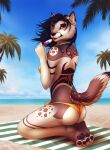  2017 anthro bikini biped brown_body brown_fur butt butt_pose canid canine claws clothed clothing detailed_background female food fur hair hi_res holding_food holding_object holding_popsicle kneeling looking_at_viewer mammal outside palm_tree pawpads paws plant popsicle pose rear_view sea sky swimwear tenynn tree water 