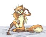  anthro areola arm_support arm_tuft black_nose blonde_hair breasts brown_eyes canid canine cheek_tuft choker cowlick dipstick_tail ear_piercing ear_ring eyebrow_through_hair eyebrows facial_tuft female fox freckles fur genitals gloves_(marking) hair hand_on_head hi_res jewelry jinny_(tinygaypirate) leg_markings looking_aside mammal markings messy_hair necklace nipples nude orange_areola orange_body orange_fur orange_hair orange_nipples piercing plantigrade pussy raised_arm simple_background sitting socks_(marking) solo tail_markings tinygaypirate translucent translucent_hair tuft white_background yellow_body yellow_fur 