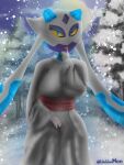  3:4 anthro blubluumon blue_eyes breasts clothing dress female finger_on_tongue fingering forest froslass hi_res looking_at_viewer nintendo plant pok&eacute;mon pok&eacute;mon_(species) snow solo tongue tree video_games yellow_eyes 