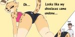  2:1 akino_(character) anthro blush bodily_fluids bra butt cheetah clothing dialogue duo english_text felid feline female haaru hi_res human humor looking_back male male/female mammal meme presenting presenting_hindquarters seductive simple_background sports_bra sportswear sweat text underwear yellow_background 