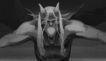  anthro biceps brooklyn_(gargoyles) deltoids disney gargoyle gargoyles gradient_background hair horn humanoid_pointy_ears long_hair looking_at_viewer male malorne membrane_(anatomy) membranous_wings monochrome open_mouth pecs simple_background solo teeth white_eyes wings 