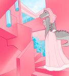  agentmoose alligator alligatorid anthro breasts clothed clothing crocodilian dress female fully_clothed furgonomics grey_body grey_skin grey_tail hair hi_res inside looking_aside looking_at_viewer pink_clothing pink_dress pink_hair reptile scalie smile solo stairway standing unnamed_female_alligator_(saintcadek) 