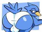  anthro avian backsack balls beak bent_over berdly big_balls big_butt bird blue_body blue_feathers briefs bubble_butt butt butt_focus clothed clothing deltarune eyewear feathers genitals glasses half-closed_eyes hi_res looking_at_butt looking_back male narrowed_eyes presenting presenting_hindquarters simple_background smile smug solo tail_feathers tepigfan101 thick_thighs tighty_whities topless undertale_(series) underwear underwear_only video_games white_clothing white_underwear yellow_beak 