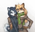  anthro arm_around_shoulder bare_shoulders belt black_nose blue_eyes breasts brown_eyes canid canine canis cheek_tuft clothing cowlick curled_tail domestic_dog duo ear_piercing facial_tuft female fox freckles fur gauged_ear grey_body grey_fur hair half-length_portrait hand_on_hip hi_res husky jinny_(tinygaypirate) long_hair looking_at_viewer mammal nordic_sled_dog orange_body orange_fur orange_hair piercing portrait scarf short_hair simple_background smile spitz standing suvi_(tinygaypirate) sweater tinygaypirate toothy_smile topwear tuft turtleneck white_background white_body white_fur 