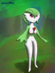  3:4 blubluumon breasts butt extended_arm extended_arms female gardevoir genitals green_hair hair hi_res humanoid nintendo nipples pok&eacute;mon pok&eacute;mon_(species) pussy red_eyes smile smiling_at_viewer solo video_games white_body 