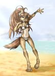  4_toes anthro apogee_(tinygaypirate) barefoot beach bikini black_nose bracelet breasts brown_body brown_eyes brown_fur brown_hair canid canine canis cheek_tuft chest_tuft claws cleavage clothed clothing collar day digitigrade domestic_dog ear_piercing eyebrow_through_hair eyebrows eyelashes facial_piercing facial_tuft feet female fur furgonomics furry-specific_piercing gauged_ear gesture hair hand_above_head hi_res jewelry long_tail looking_at_viewer mammal muzzle_piercing navel nose_piercing outside piercing ponytail raised_arms sand seaside shadow smile solo spitz standing swimwear teeth tinygaypirate toes toothy_smile translucent translucent_hair tuft water waving 