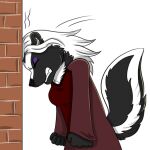  1:1 annoyed anthro clenched_fists clothing foxyruby frustrated mammal mephitid pain purple_eyes red_clothing simple_background skunk solo tail_motion tailwag telegram_stickers twillight wall_(structure) white_background 