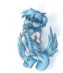  anthro avian beak bird blue_beak blue_body blue_eyes blue_feathers blue_hair bottomless butt cheek_tuft chest_tuft clothed clothing eyelashes facial_tuft feathers female hair hi_res long_hair looking_at_viewer meme ponytail raised_arm shirt shush simple_background solo tinygaypirate topwear tuft tweetfur twitter white_background 