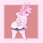  1:1 anthro antlers bent_over big_butt body_writing bottomwear butt clothed clothing fur fzst girly hair hi_res horn hotpants jackalope lagomorph long_ears looking_at_viewer looking_back male mammal mostly_nude noisy_(artist) partially_clothed piercing pink_body pink_fur pink_hair presenting presenting_hindquarters pulling_pants_down red_eyes short_stack shorts simple_background solo 