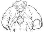  2021 anthro canid canine chubby_protagonist_(tas) clothing duo exe_exem gyobu human kemono lifewonders male mammal monochrome overweight overweight_male protagonist_(tas) raccoon_dog scar shirt simple_background tanuki tokyo_afterschool_summoners topwear video_games white_background 