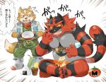  2018 anthro belly black_body blush bottomwear canid canine clothing duo eating felid food fox fox_mccloud fruit humanoid_hands incineroar japanese_text kemono male mammal nikiciy nintendo onigiri overweight overweight_male pants plant pok&eacute;mon pok&eacute;mon_(species) red_body sitting star_fox text tomato video_games 