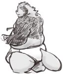  2021 anthro belly bulge butt canid canine clothing exe_exem gyobu kemono lifewonders male mammal overweight overweight_male raccoon_dog scar simple_background solo tanuki tattoo tokyo_afterschool_summoners underwear video_games white_background 