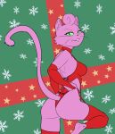  2021 anthro armwear bojack_horseman butt clothing domestic_cat elbow_gloves felid feline felis female fur gloves green_sclera handwear head_tuft hi_res kascz leg_warmers legwear lingerie mammal netflix pink_body pink_fur princess_carolyn raised_leg rear_view red_clothing simple_background smile snowflake solo star tuft 