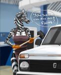  anthro apron big_breasts breasts car clothing equid equine female gloves hammer handwear hi_res lada mammal niva protective_eyewear solo striped_body stripes tools vehicle white_body zebra zebrov 