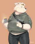  2018 4:5 anthro belly blush bottomwear clothing food hi_res hoodie kemono male mammal nikiciy overweight overweight_male pants polar_bear shirou_(nikiciy) simple_background solo topwear ursid ursine yellow_eyes 