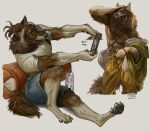  anthro bag bottomwear brasa_(jerome_jacinto) canid canine carrying_clothing clothed clothing gaming hair hand_on_head hi_res holding_object jerome_jacinto male mammal muscular muscular_male nintendo nintendo_switch open_mouth pants playing_videogame shirt shorts sitting solo sound_effects tied_hair topless topwear video_games water_bottle yawn 