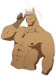  2021 abs accessory anthro brown_body brown_fur clothing dog_tags equid equine fur hair headband headgear headwear hi_res horse humanoid_hands jewelry keisuke_hirama male mammal morenatsu muscular muscular_male necklace nipples one_eye_closed samoji simple_background solo video_games visual_novel white_background white_headband wink 