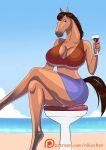  anthro beach beverage big_breasts bottomwear breasts cleavage clothed clothing crossed_legs equid equine female horse mammal nikuyoku seaside skirt sky solo 
