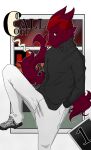  anthro call_off(series) canid canine canis clothed clothing comic curled_hair eric_everyotherheart footwear fully_clothed hair hi_res male mammal red_eyes shoes simple_background solo sweater text topwear velvet_(character) wolf 
